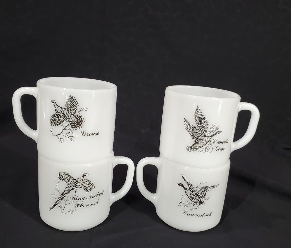 4 Vintage Federal Glass Canvasback Canada Goose Grouse Pheasant Milk Glass Mugs.